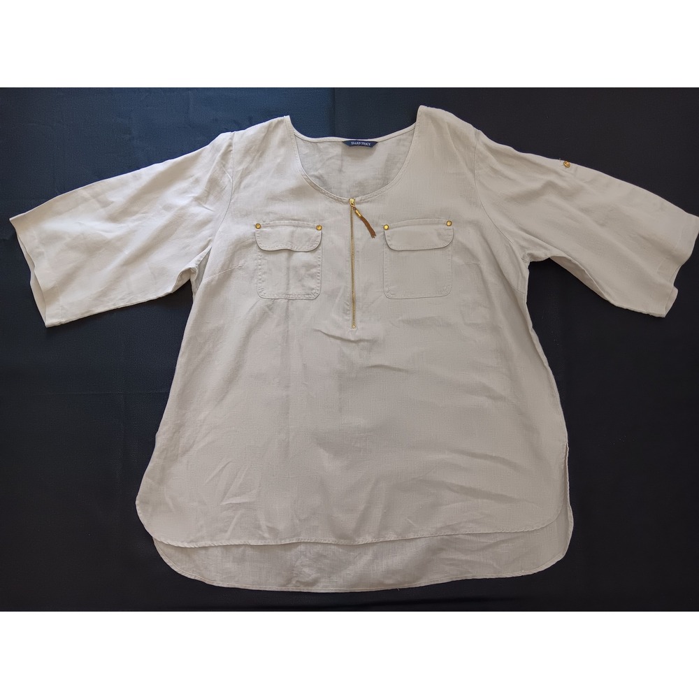 Earthy Ellen Tracy Womens Beige Linen Quarter Zip Tunic Blouse XL Minimalist